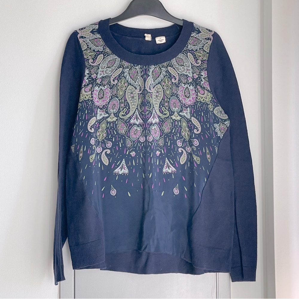 ANTHROPOLOGIES MOTH Silk Front Panel Navy Sweater